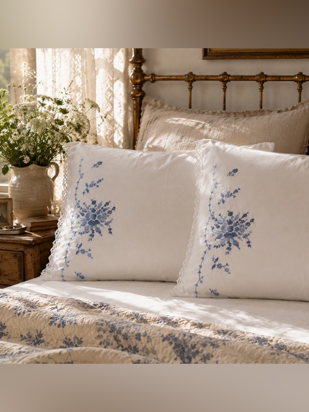 Pair Vintage Hand Embroidered Cotton Pillowcases Blue Floral Cottage Heirloom
